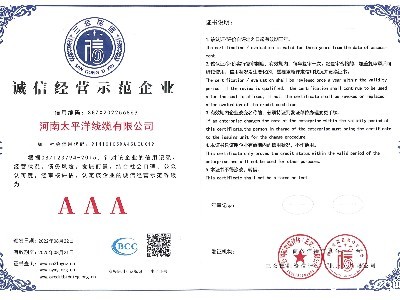 诚信经营示范企业证书